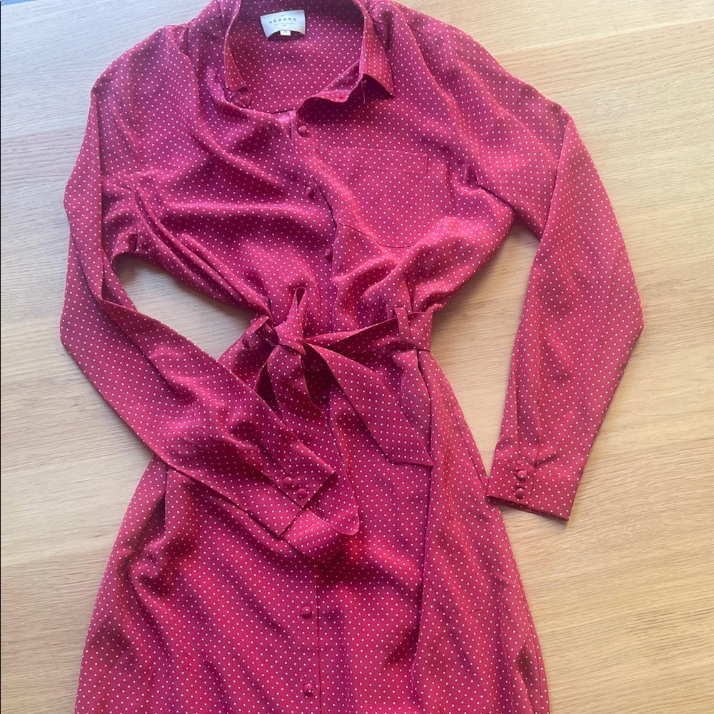 Sezane Burgundy Polka Dot Long Sleeve Dress